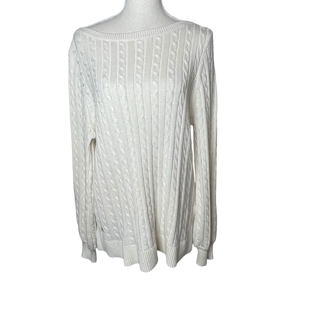 Vintage Ralph Lauren Cream Cable Knit Cotton Boat Neck Long Sleeve Sweater